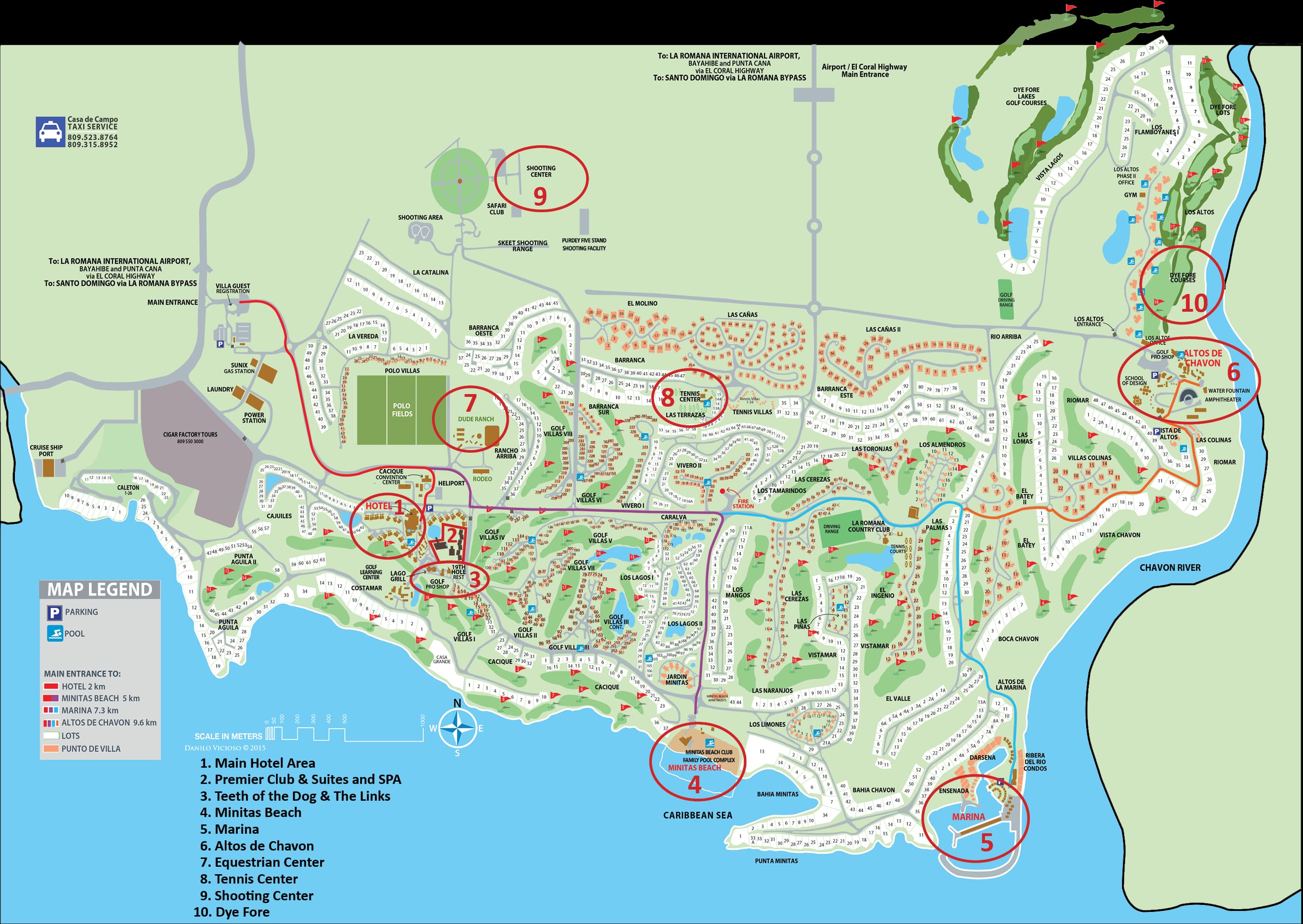Map of Casa de Campo resort zones including the marina, Minitas, golf, and Altos de Chavon