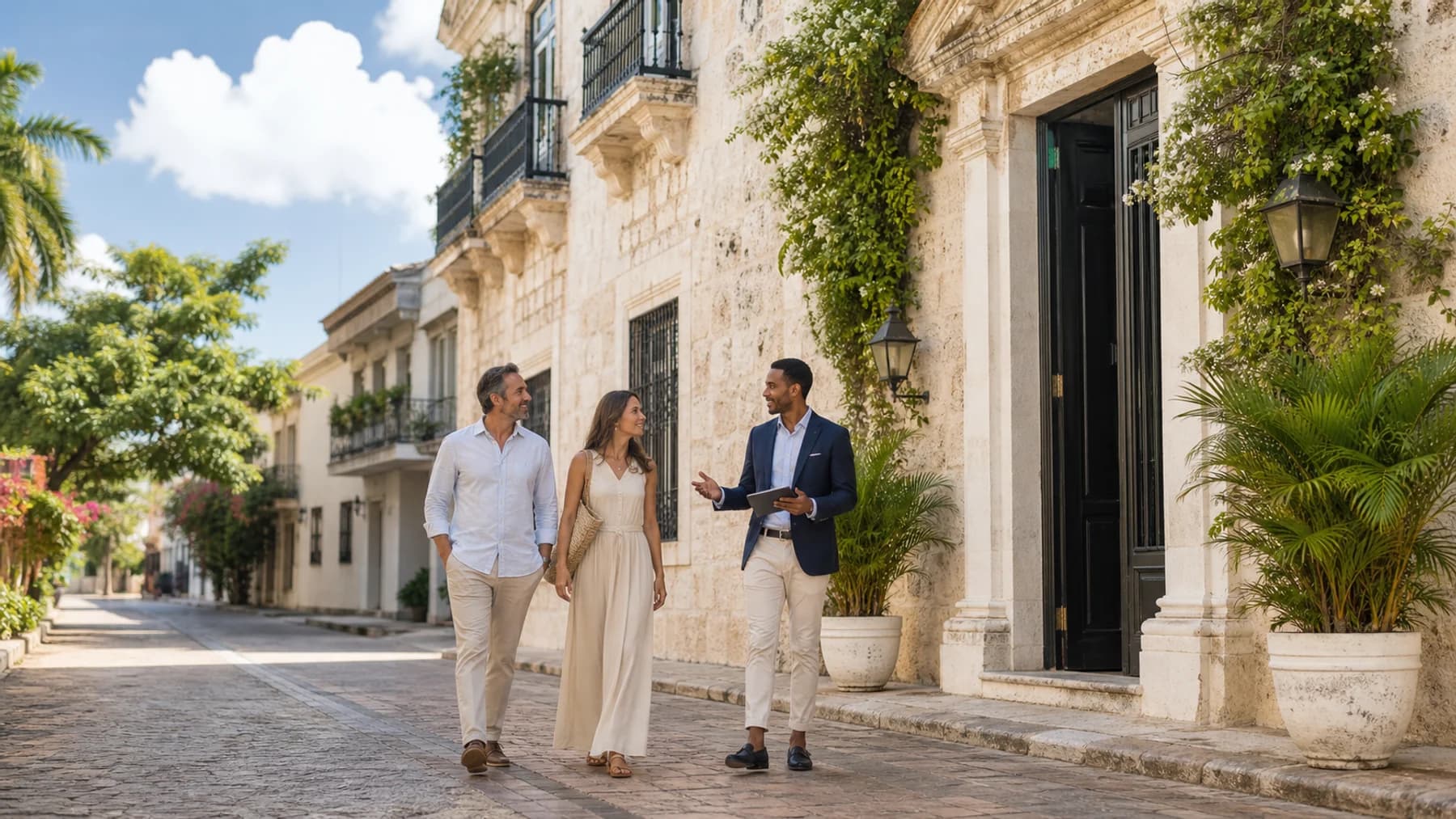 International buyers touring a Santo Domingo colonial residence with a real estate advisor.