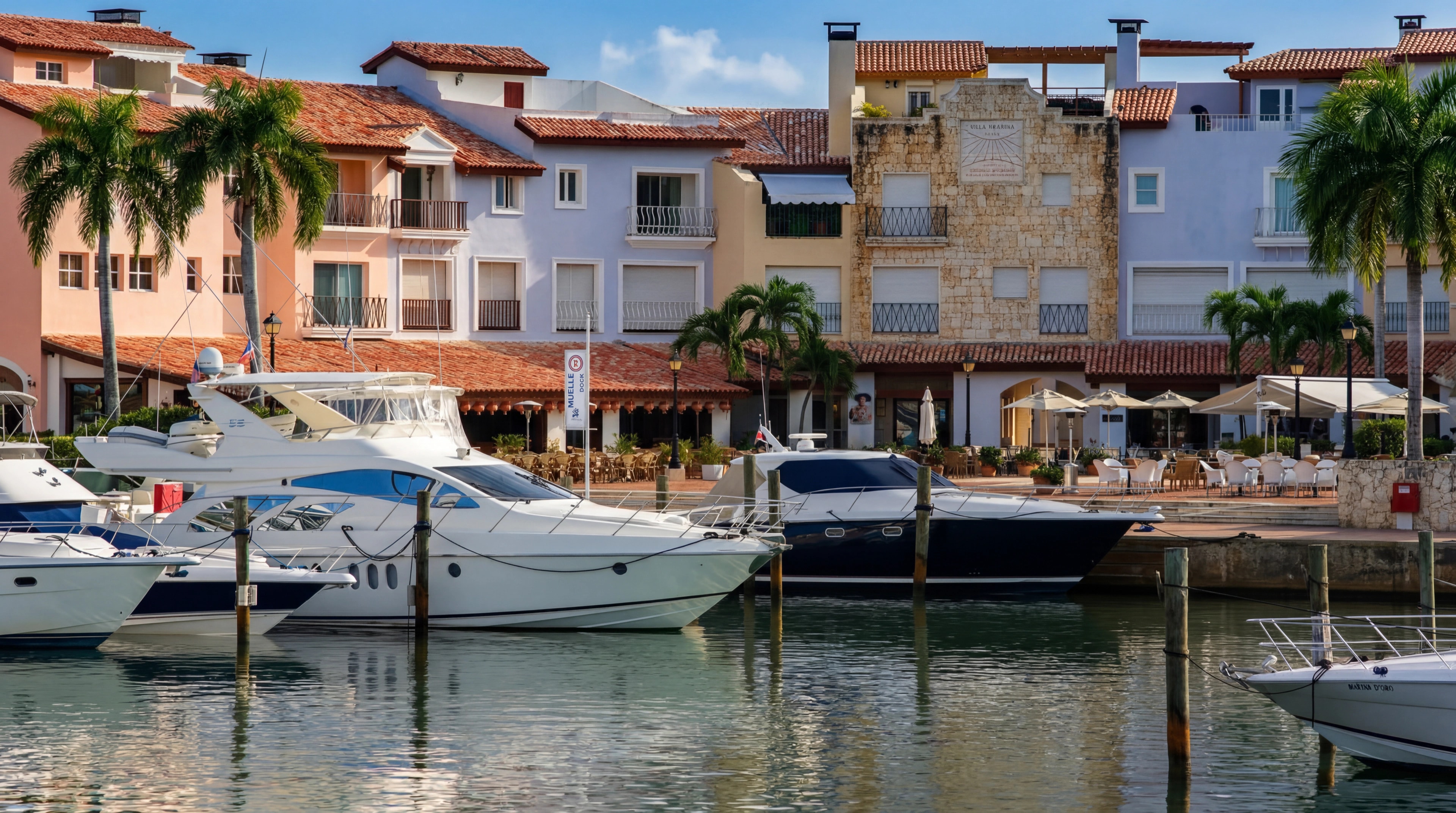 Yachts moored in front of pastel waterfront buildings at Casa de Campo Marina