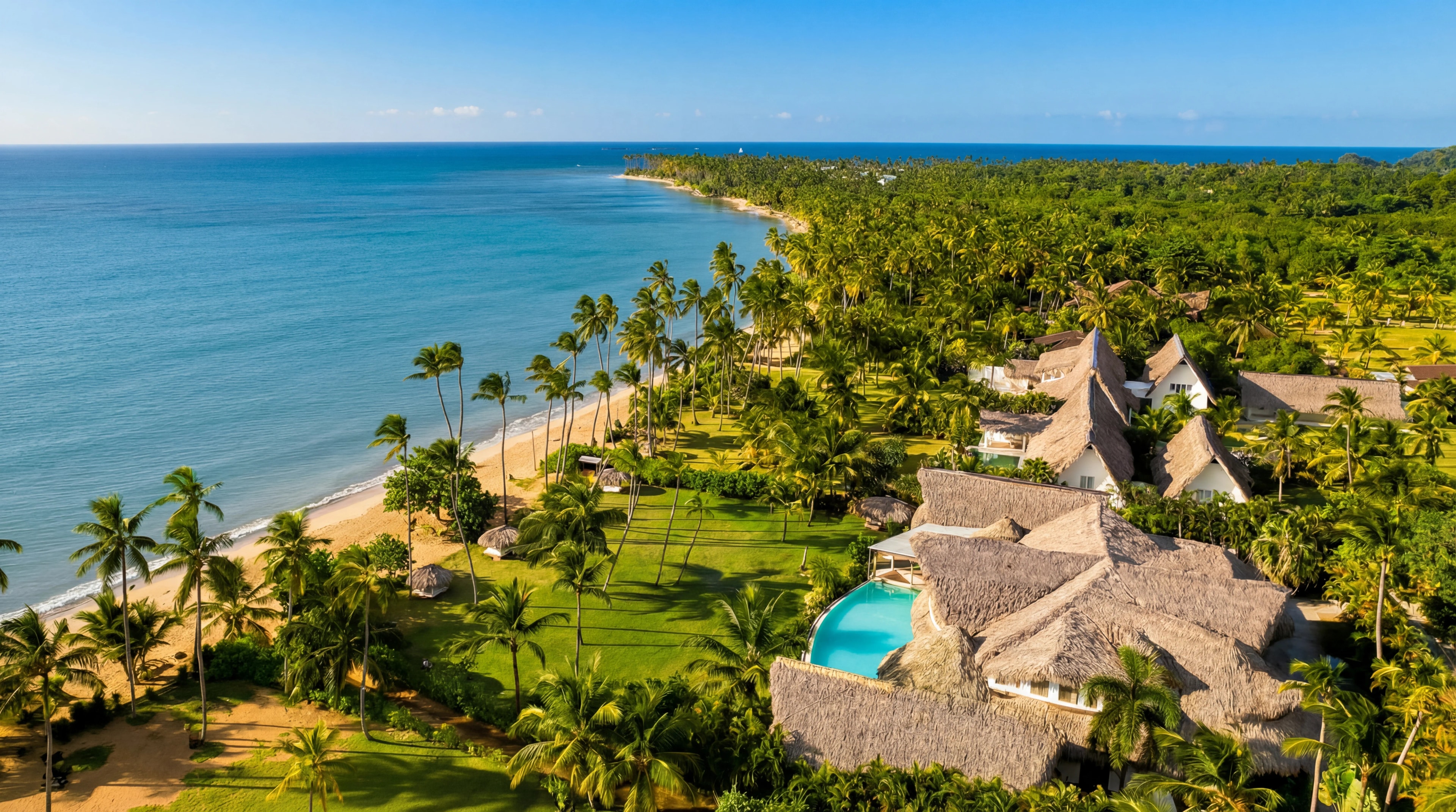 Las Terrenas beachside village setting with tropical greenery and sea views