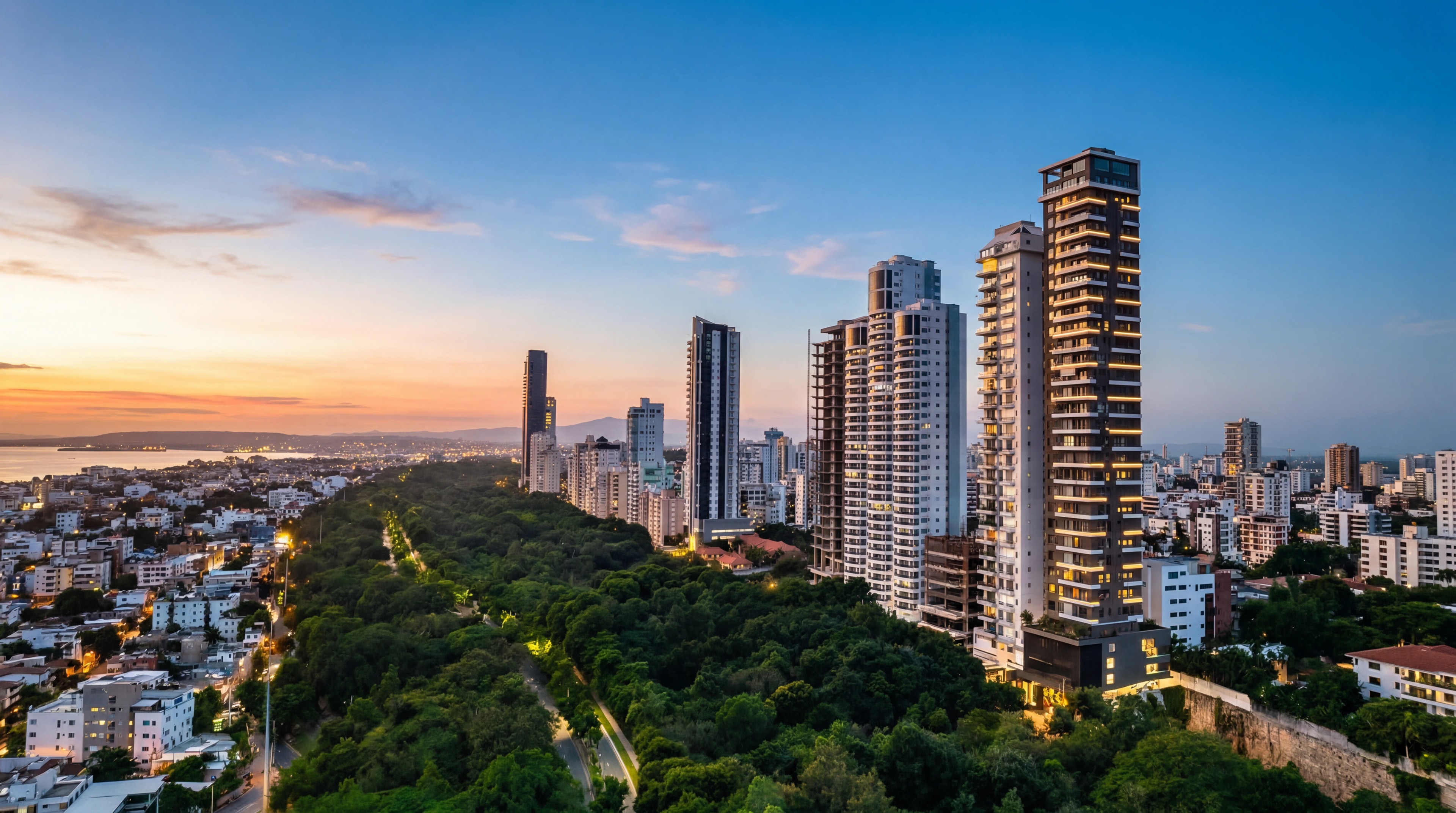 Residential towers along the Anacaona corridor overlooking the park at dusk