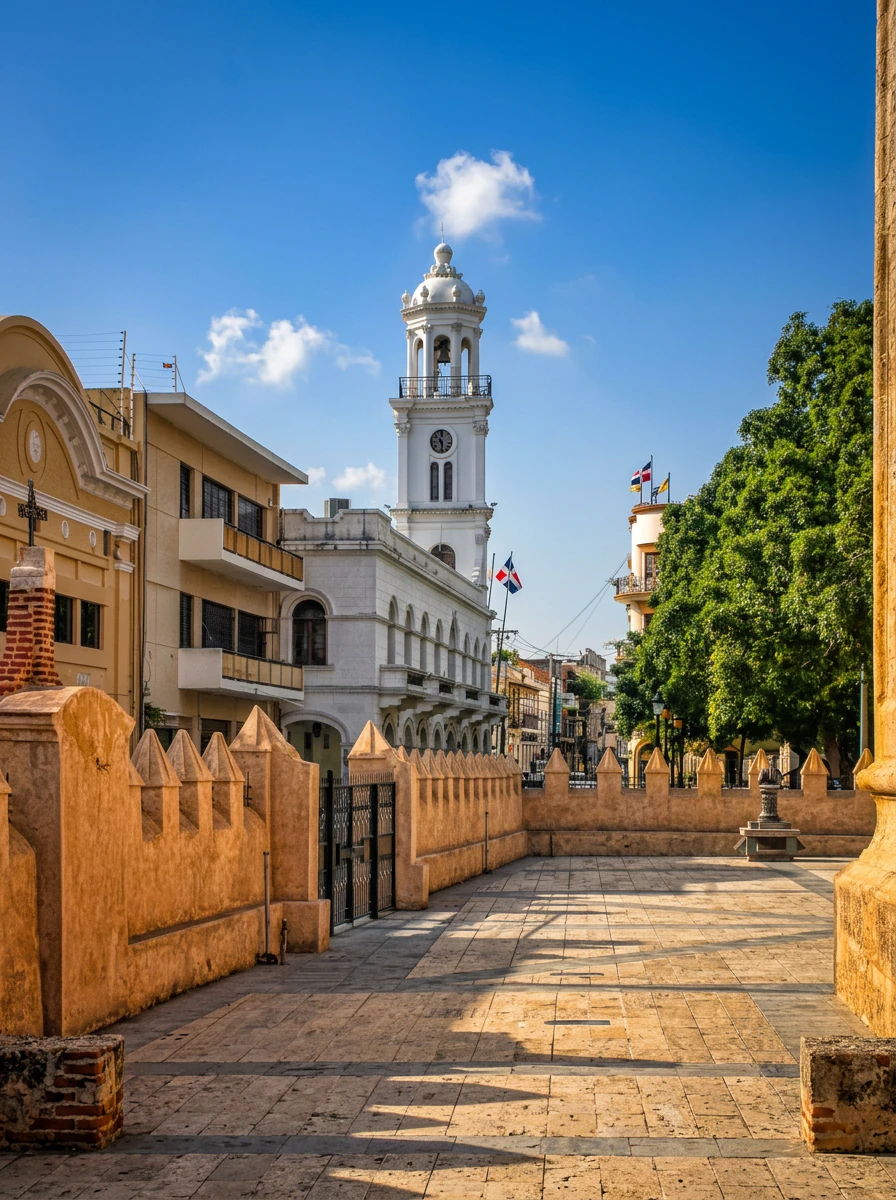 Zona Colonial walkway in Santo Domingo leading toward a white bell tower
