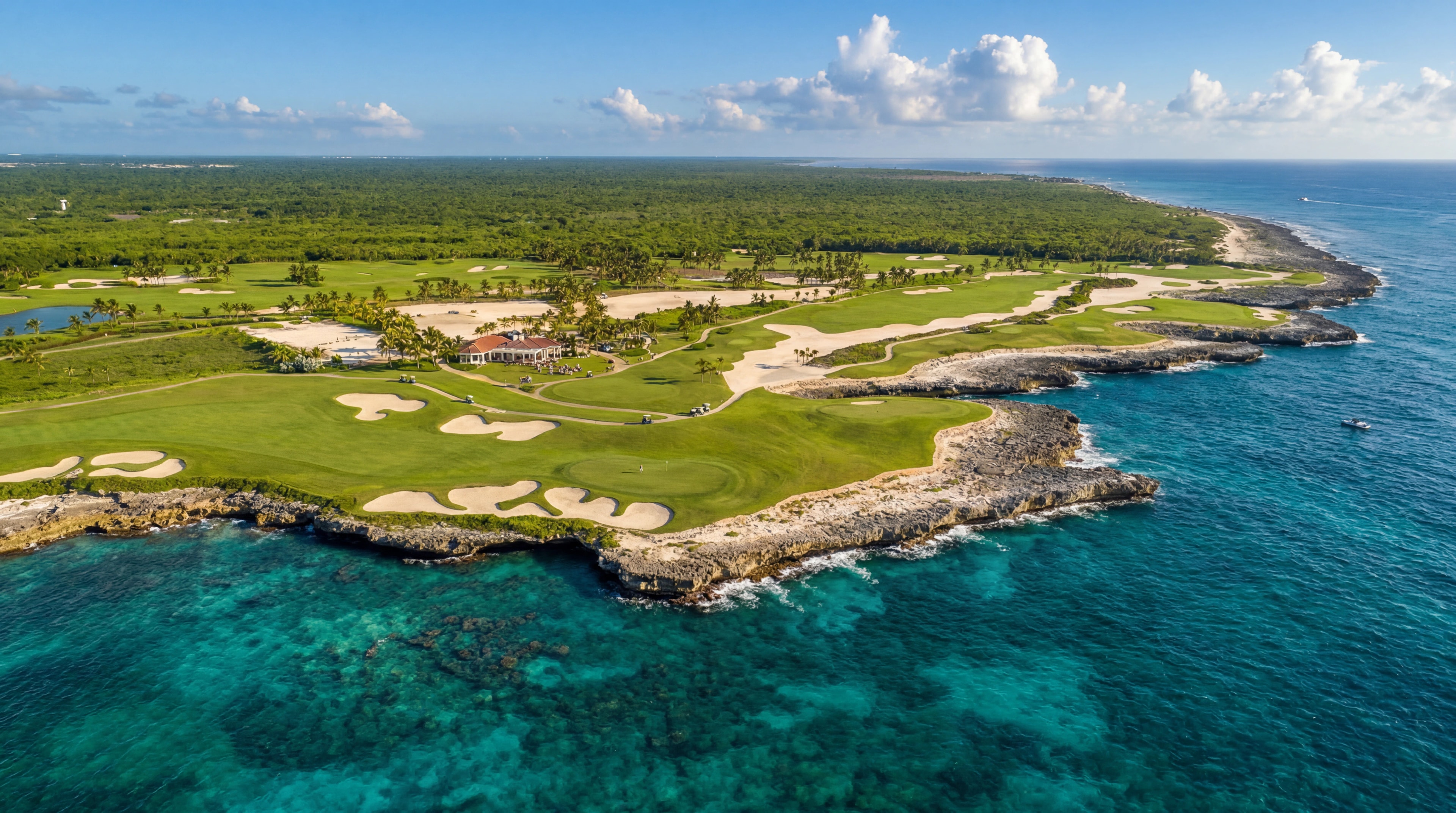 Blue coastline and resort residences representing Cap Cana real estate