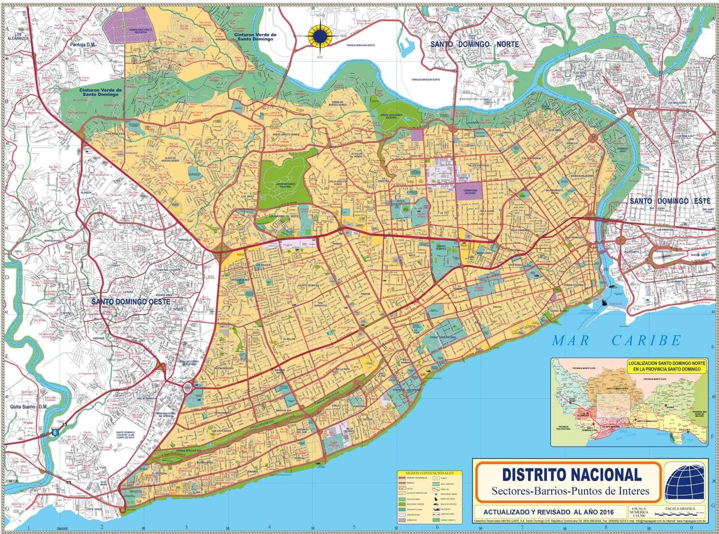 Map of central Santo Domingo neighborhoods including Piantini, Anacaona, and the Malecon edge