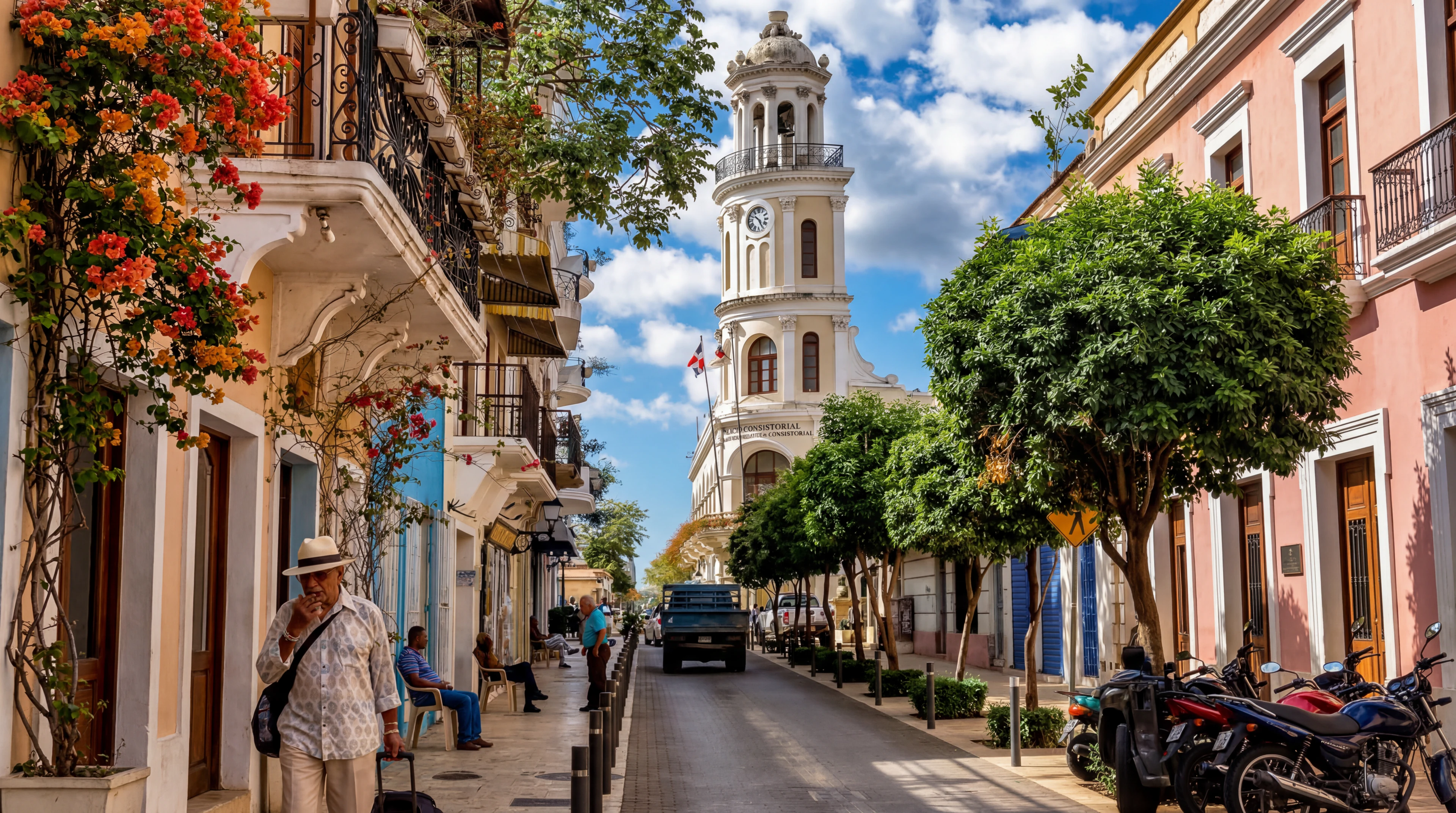 Street view in Santo Domingo's Zona Colonial with historic facades and a bell tower